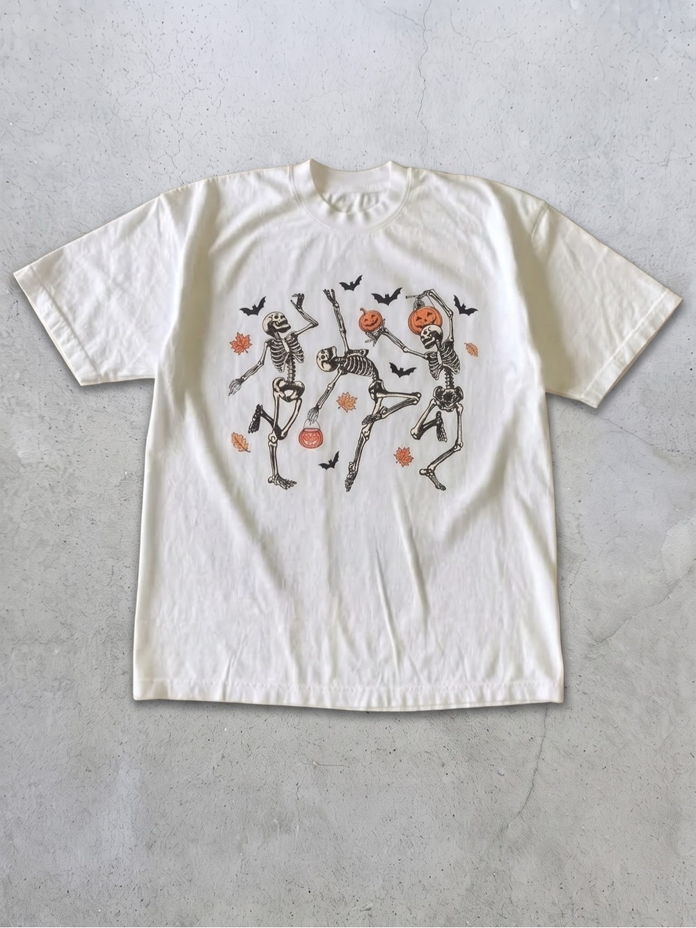 Dancing Skeletons Halloween Graphic Tee -
White with Orange & Black